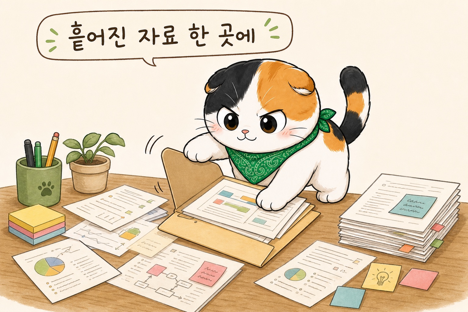 흩어진 자료를 한 장으로 모으는 아롱이를 뽀짝이가 거든다