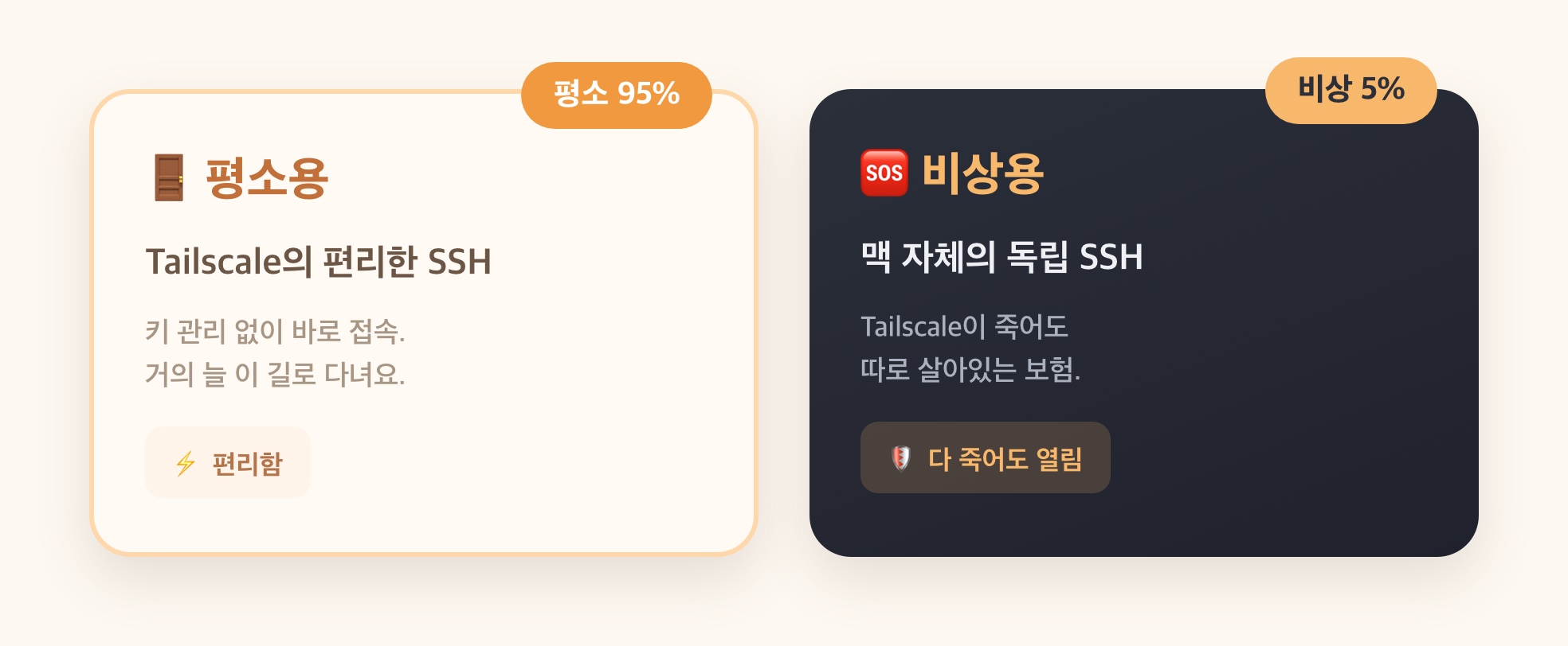 평소용 SSH 95% / 비상용 SSH 5% 이중 통로 비교
