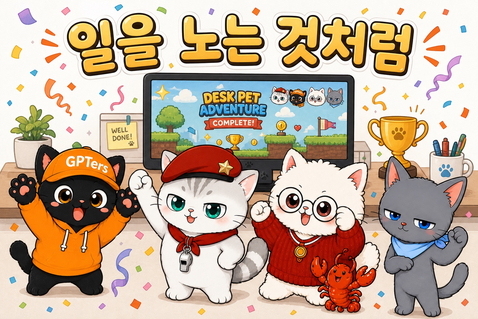 결과물 앞에서 함께 기뻐하는 네 마리