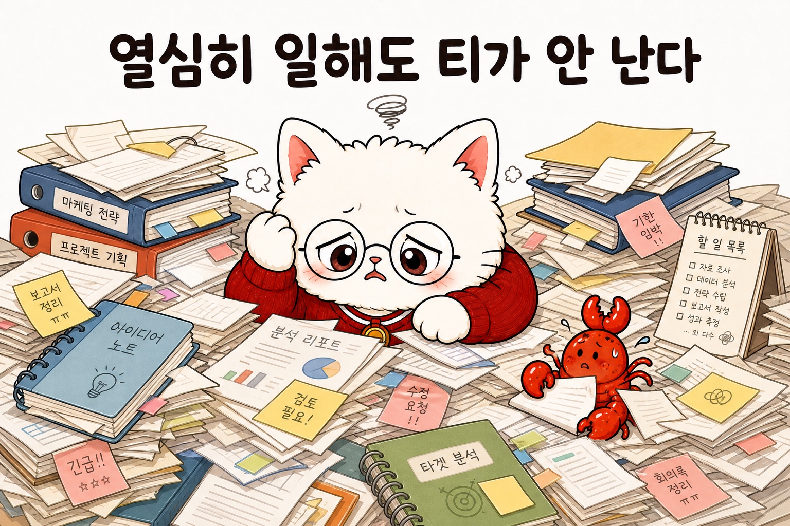 흩어진 결과물에 파묻힌 뽀둥이