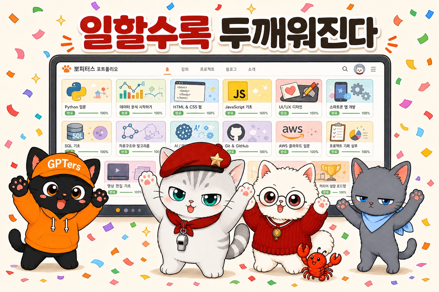 네 마리가 저절로 채워지는 포트폴리오를 흐뭇하게 보는 단체샷