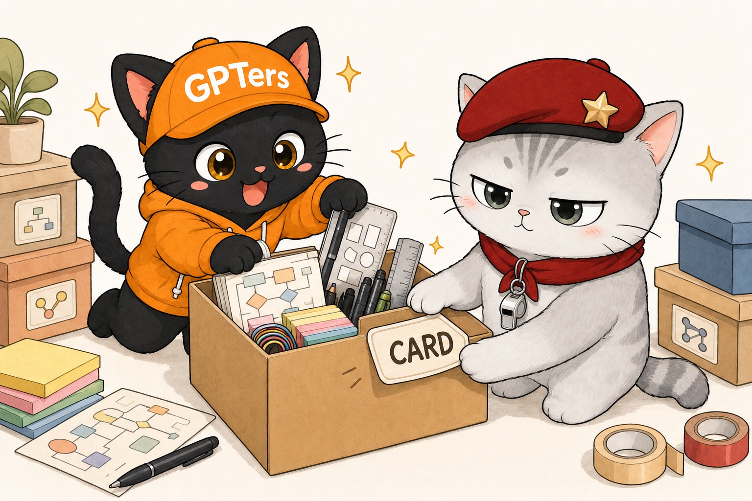 작업 도구를 'CARD' 상자에 옮겨 담아 독립시키는 뽀짝이와 라벨 붙이는 뽀야