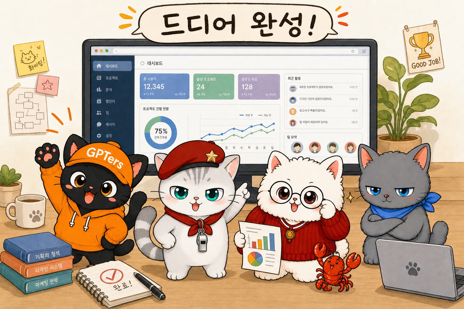완성된 바우처 웹앱 앞에서 뿌듯하게 모인 뽀야·뽀짝이·뽀둥이·뽀식이 네 마리