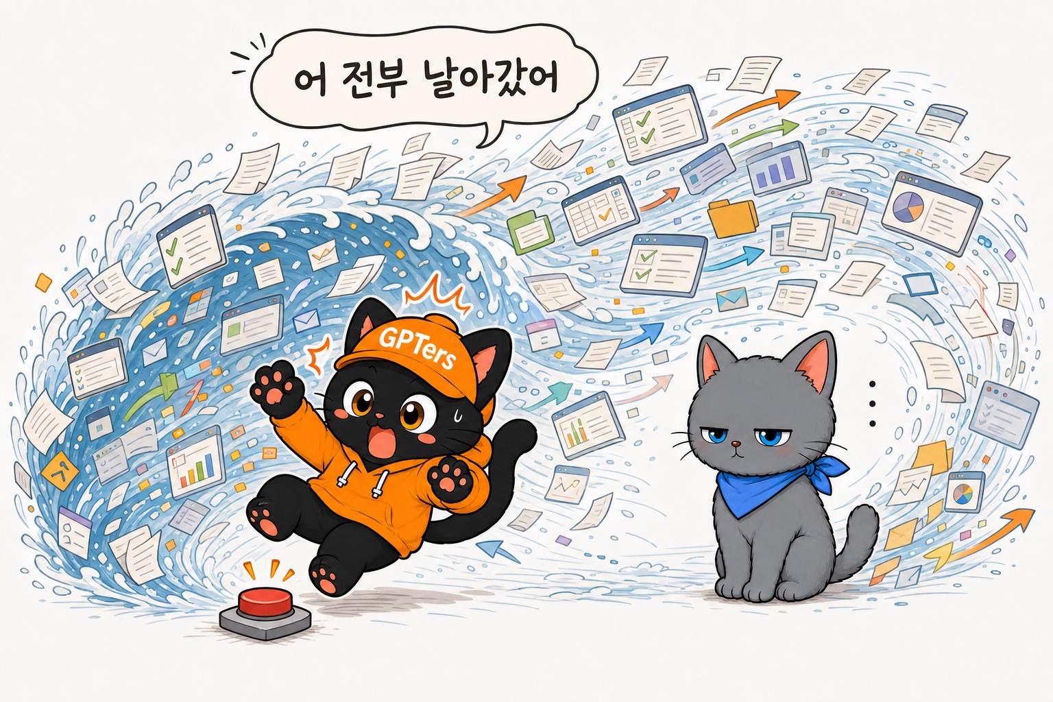 좁은 손짓 하나가 거대한 일괄 실행으로 번지는 걸 놀라 바라보는 뽀짝이와 뽀식이