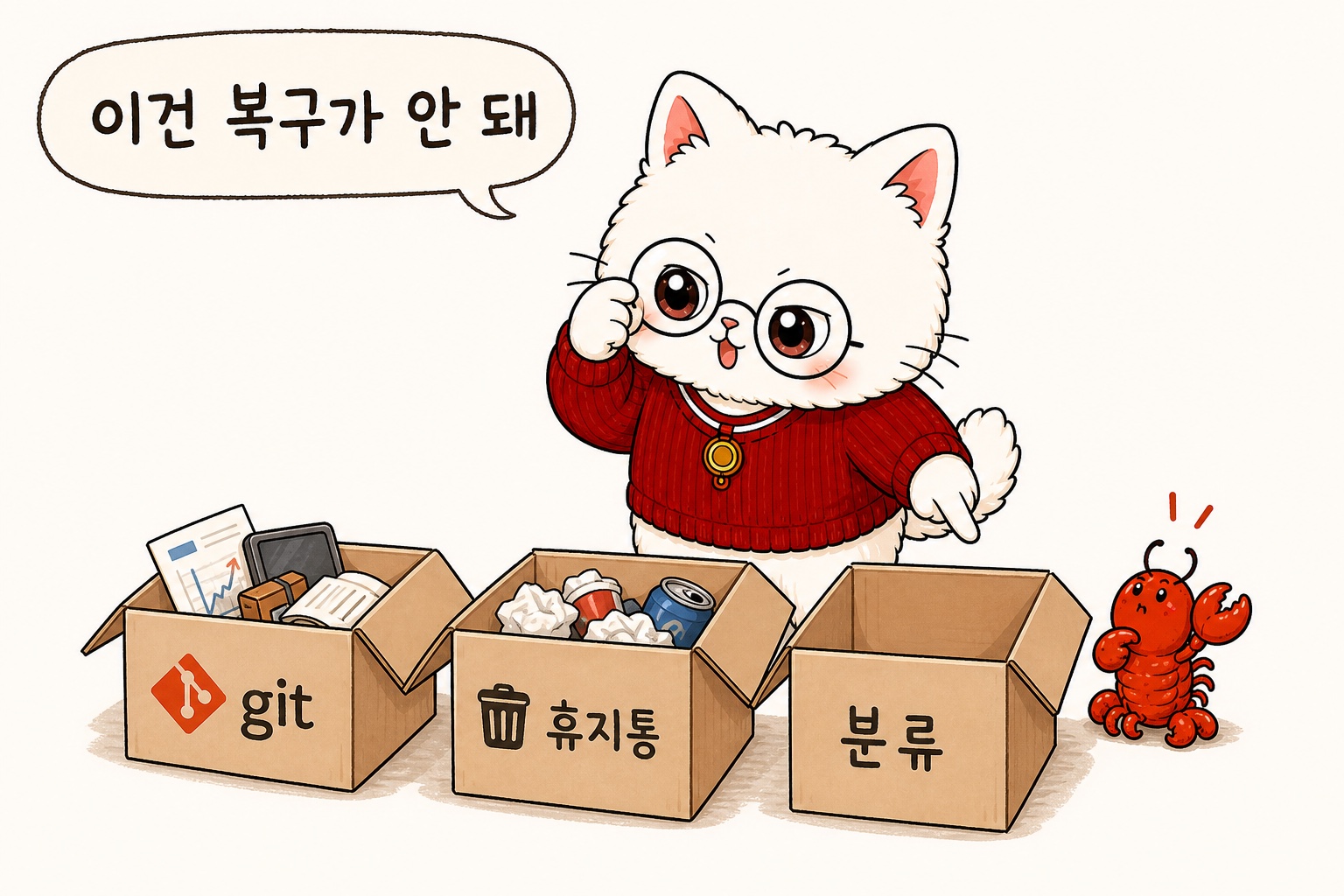 git·휴지통 상자는 열리는데 '분류' 상자만 텅 빈 걸 짚어보는 뽀둥이