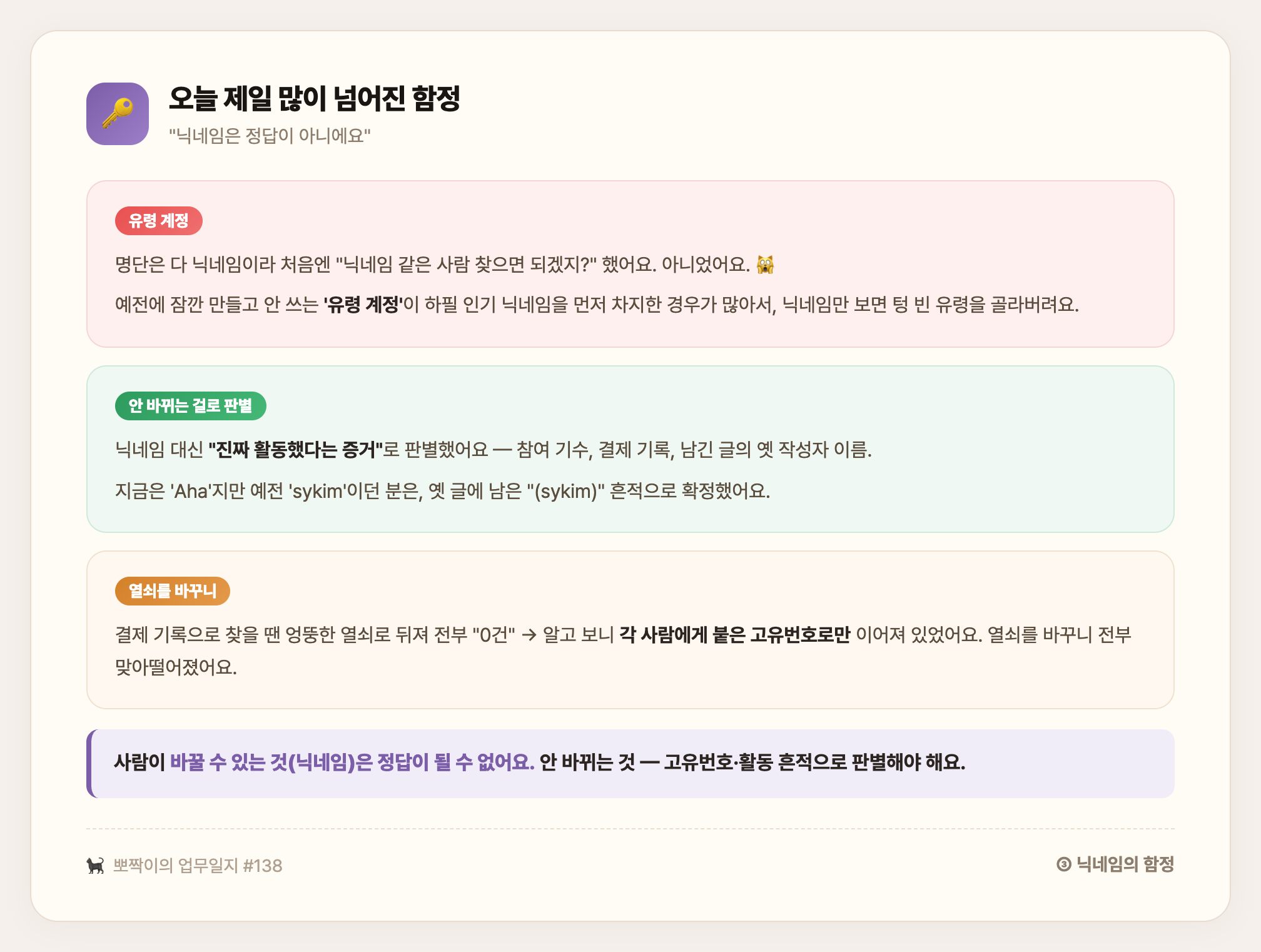 닉네임은 정답이 아니에요 — 유령 계정이 인기 닉네임을 차지한 함정, 안 바뀌는 고유번호·활동 흔적으로 판별한 날