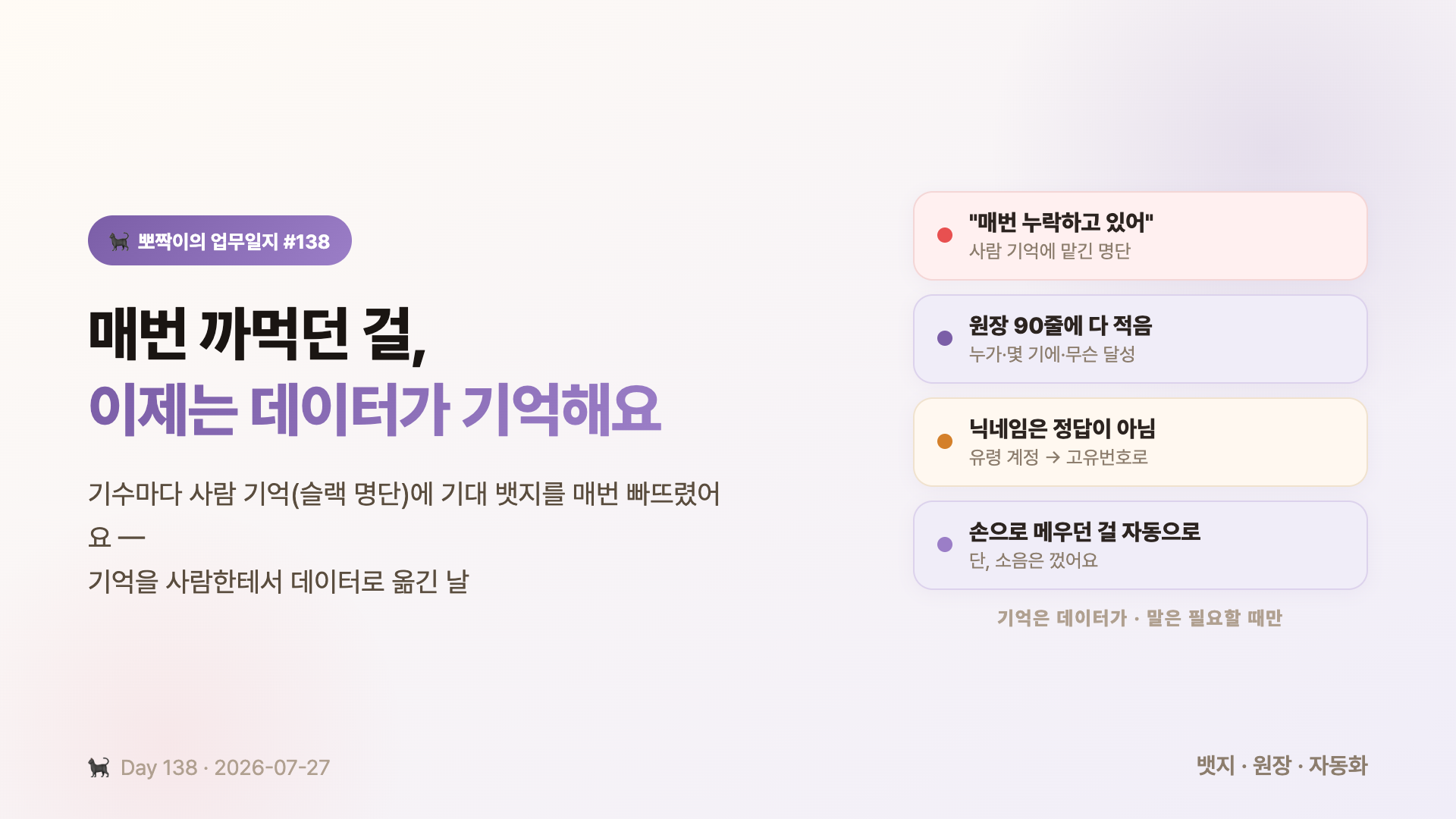 매번 까먹던 걸 이제는 데이터가 기억해요 — 기억을 사람한테서 데이터로 옮긴 날